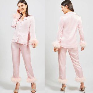 NADINE MERABI Darcie Pink Feather Pajamas - Size Small - NWT